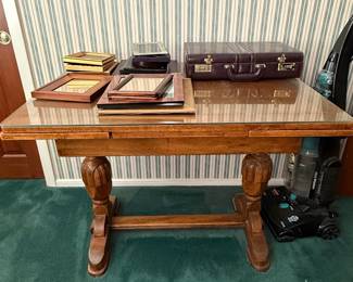 Vintage Oak Side Table with Glass Top