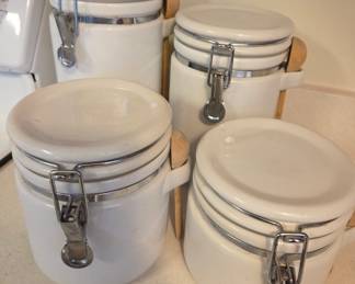 Vintage White Ceramic Canister Set with Wooden Spoons