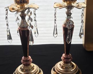 Pair of Brass and Crystal Candelabra