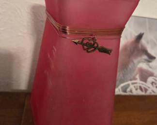 Frosted Pink Glass Vase with Wire Wrap and Heart Charm