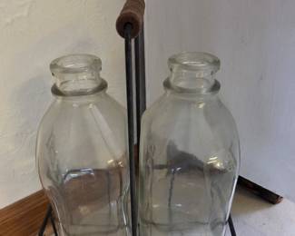 Vintage Glass Milk Bottles with Wire Carrier