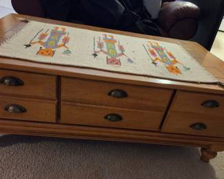 Vintage Wooden Coffee Table with Drawers and Folk Art Runner