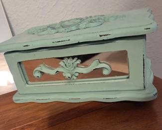 Light Green Painted Vintage Jewelry Box with Mirror