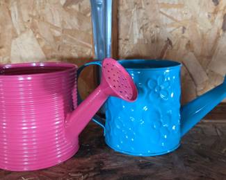 Pair of Decorative Metal Watering Cans - Pink Ribbed and Teal Floral