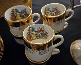 Set of 3 Vintage Porcelain Demitasse Cups with Courting Couple Scene and Gold Gilt