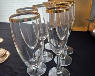 Set of 6 Vintage Gold Rimmed Crystal Champagne Flutes - Moser Lady Hamilton Pattern