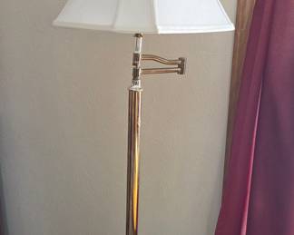 Vintage Traditional Polished Brass Swing Arm Reading Pole Lamp with White Shade