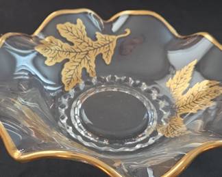 Vintage Glass Leaf Dish with Gold Leaf Pattern and Gold Rim