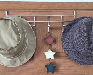 Over-the-Door Hook Rack with Bucket Hat and Plaid Cap