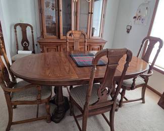 Antique Oak Double Pedestal Dining Table Set with China Cabinet