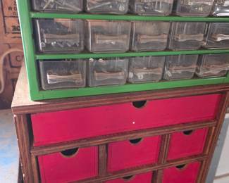 Vintage Green Metal Parts Organizer Cabinet with Red Wooden Drawers