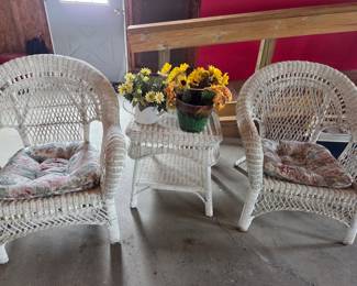 Antique White Wicker Loveseat, Side Chair, and Coffee Table Set