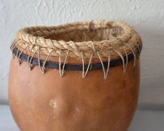 Hand-Coiled Gourd Basket with Woven Rim and Leather Band