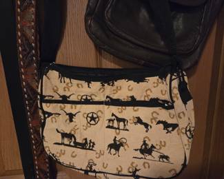 Western Themed Tapestry Shoulder Bag with Leather Accents and Embossed Leather Strap
