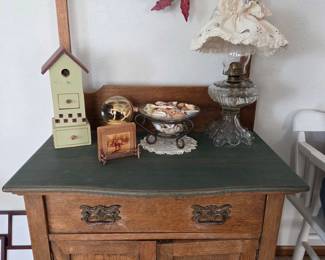 Antique Oak Washstand with Green Painted Top