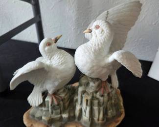Pair of White Porcelain Doves on Rock Base by Andrea by Sadek