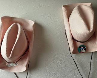 Pink Straw Cowboy Hats with Decorative Pins