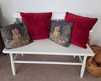 Vintage White Wooden Bench with Red Velvet and Hunting Scene Tapestry Pillows