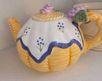 Mary Engelbreit "Grapes and Blue Flowers" Ceramic Teapot