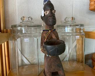 Hand Carved Wood Figure & 2 glass canisters 