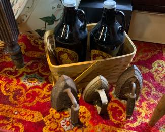 Antique Sad Irons, Beer Growlers & Rug