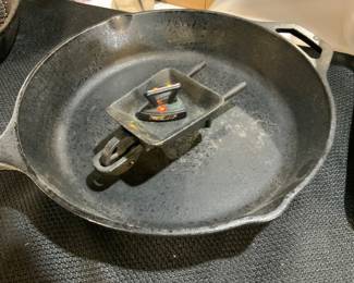 Cast Iron wheel barrow, pan & flat iron