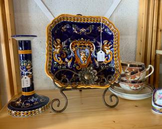 French Earthenware Candlestick &  Dish