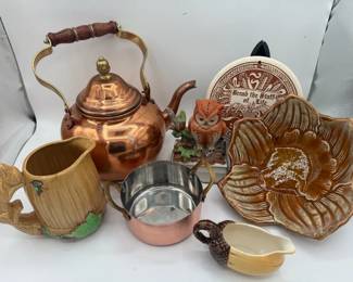Copper Tea Pot With Copper Saucepan And Decor