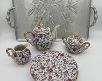 Japanese Tea Set With Pewter Bamboo Patterned Platter