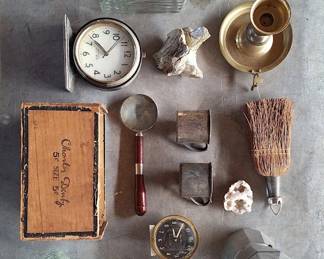 vintage box, clocks, brass candlesticks, decanters 
