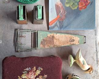 vintage needlepoint stool, floral print, kitchenalia 