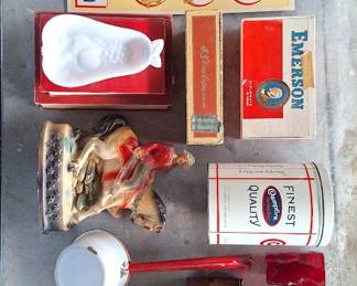vintage chalkware, tins, enamelware, cigar boxes