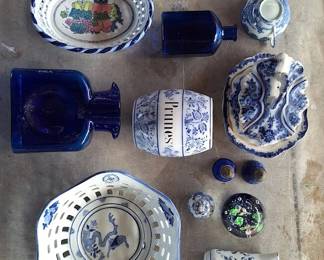 vintage blue transferware, blue glass, ceramic fruit basket