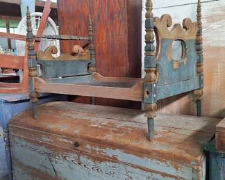 vintage blue painted wood chest doll bed