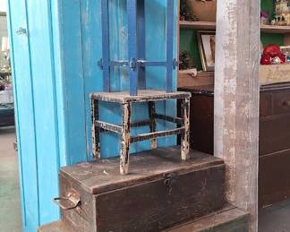 vintage stools, wood chests