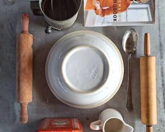 vintage crocks, rolling pins, tins, cookbooks, pottery