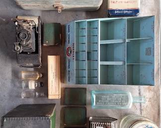 vintage metal boxes, wood box, toolbox, camera display