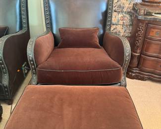 Michael Amini Leather & Velvet Arm Chair & Ottoman