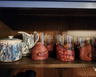 Highball/On the Rocks Glasses with Leather Holders