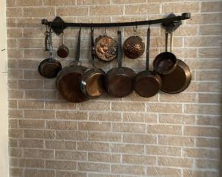 Copper pots and skillets.  Hanging Rack too.  Keys not available