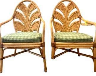 Pair Of Rattan Palm Leaf Back Armchairs With Cushions 
