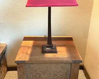 Antique Hinged Wood Side Table And Modern Lamp