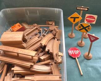 Vintage Wood Train Set And Wood Traffic Signs