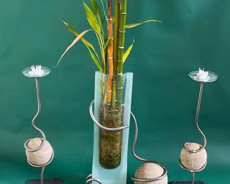 Fluid Metal And Stone Vase And Candle Holders