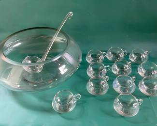 Modern Glass Punch Bowl, Ladle And 11 Cups