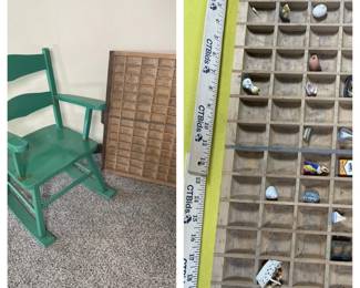 Printers Tray, Miniatures And Small Vintage Chair