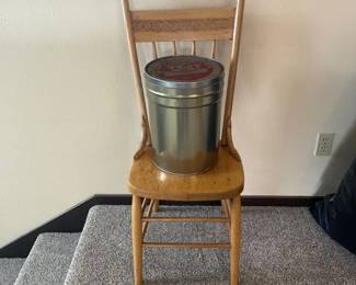 Antique Wood Chair And Vintage Berry Tin