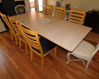 VINTAGE DANISH MODERN DINING TABLE WITH 6 SIDE CHAIRS AND 2 END CHAIRS. CUSTOM PADS