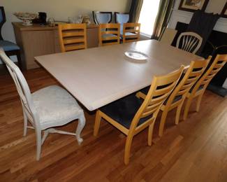 VINTAGE DANISH MODERN DINING TABLE WITH 6 SIDE CHAIRS AND 2 END CHAIRS. CUSTOM PADS
