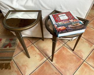 Half circle side tables, one missing glass or mirror top, easy fix
